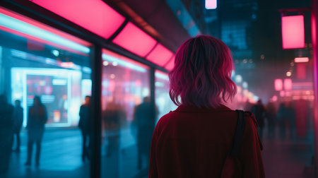 a woman standing in front of neon lights in a cityの素材