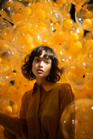 a woman standing in front of a bunch of orange balloonsの素材