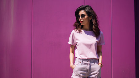 a woman in sunglasses and a pink shirt standing in front of a purple wallの素材