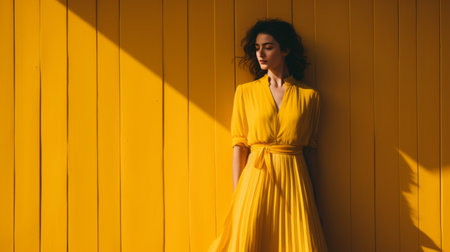 a woman in a yellow dress leaning against a wooden wallの素材