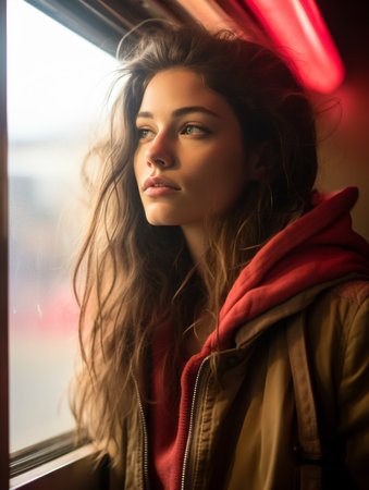 a woman looking out the window of a trainの素材