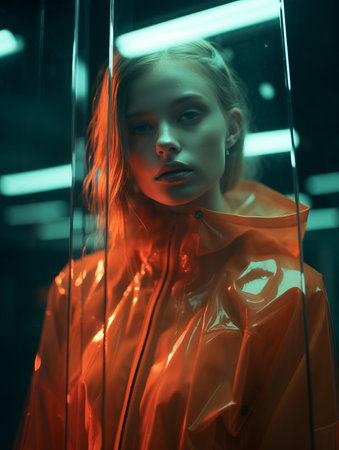 a woman in an orange raincoat standing in front of a glass doorの素材