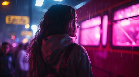 a woman standing in front of a bus with neon lightsの素材