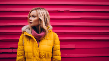 a woman in a yellow jacket standing against a pink wallの素材