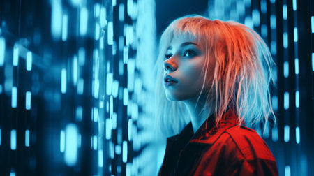 a woman standing in front of a wall of lightsの素材