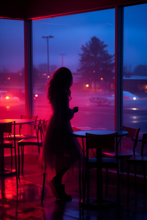 a woman sitting at a table in a restaurant looking out the windowの素材