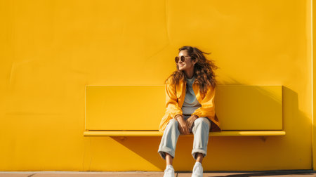 a woman sitting on a yellow bench in front of a bright yellow wallの素材