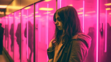 a woman standing in front of pink neon lightsの素材