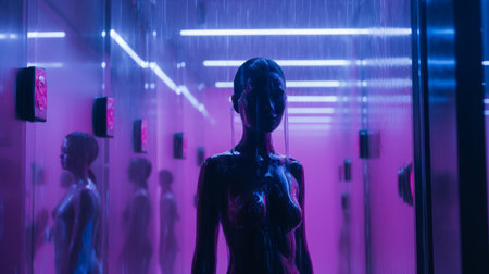 a woman is standing in a hallway with purple lightsの素材