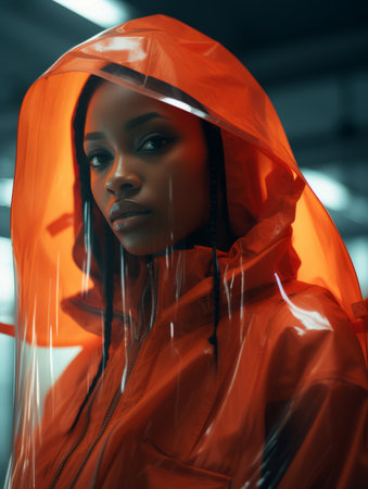 a woman wearing an orange raincoatの素材