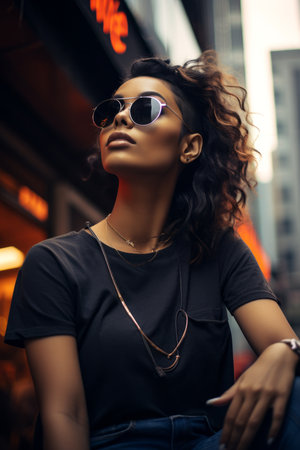 a woman wearing sunglasses and a black t - shirtの素材