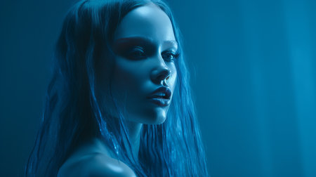 a woman with long hair in a dark roomの素材