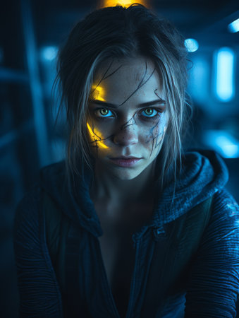 a woman with glowing eyes in a dark roomの素材