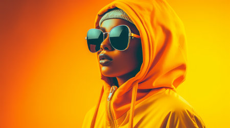 a woman wearing sunglasses and a hoodie on an orange backgroundの素材