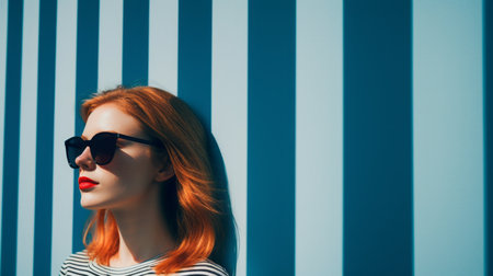 a woman with red hair and sunglasses standing in front of a striped wallの素材
