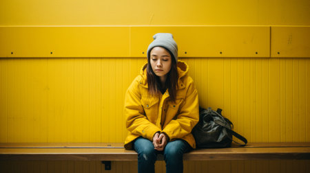 a young woman sitting on a bench in front of a yellow wallの素材