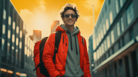 a young man wearing sunglasses and a red jacket is walking down the streetの素材
