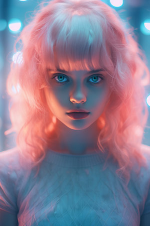 a woman with pink hair and blue eyesの素材