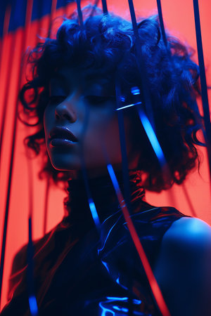 a woman with curly hair in a red and blue roomの素材
