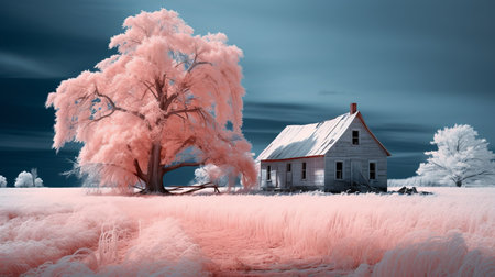 an infrared image of a house in the middle of a fieldの素材