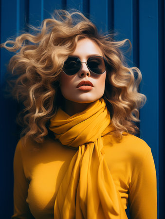 beautiful blonde woman wearing sunglasses and a yellow scarf in front of a blue wallの素材