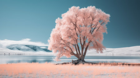 an infrared image of a pink tree in front of a body of waterの素材