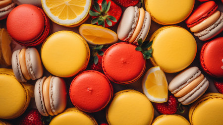 colorful macarons with lemon slices and strawberriesの素材