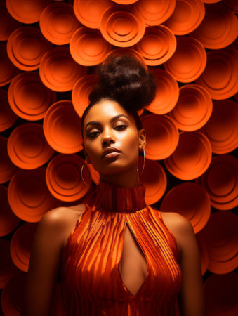 beautiful african american woman posing in front of orange circlesの素材