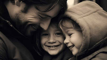 black and white photo of a man and two childrenの素材