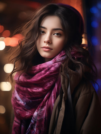 portrait of a beautiful young woman with a scarf in the city at nightの素材