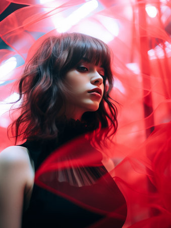 portrait of a beautiful young woman in a red dressの素材