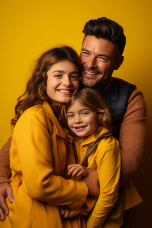 portrait of a happy family with a yellow backgroundの素材