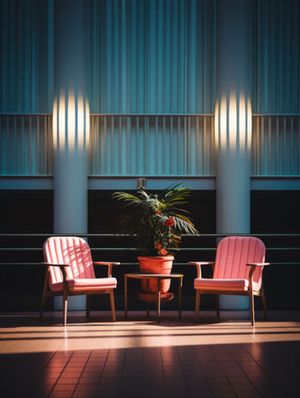 two pink chairs and a potted plant in front of a wallの素材