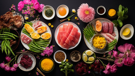 various types of asian food on a black backgroundの素材