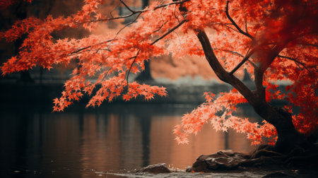 red maple tree by the waterの素材