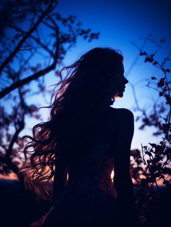 the silhouette of a woman in a dress at sunsetの素材