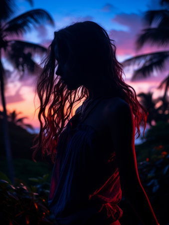 silhouette of beautiful woman with long hair standing in front of palm trees at sunsetの素材