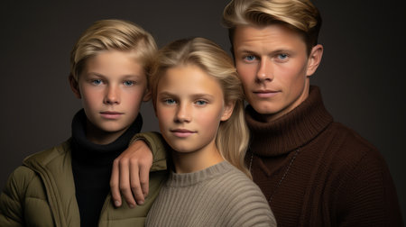 three young people posing for a portrait in front of a dark backgroundの素材