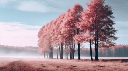 pink trees in the fog on a foggy dayの素材