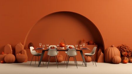 3d rendering of an orange dining room with pumpkinsの素材