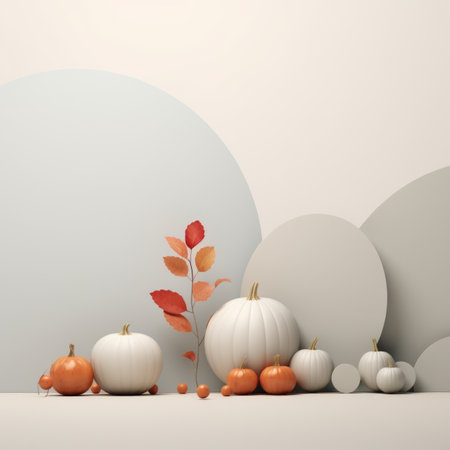 3d rendering of pumpkins and leaves on a white backgroundの素材