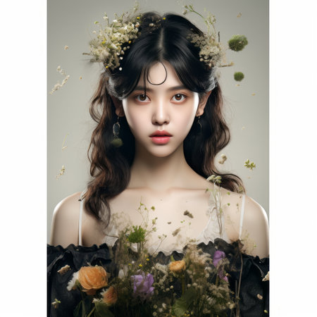 a beautiful woman with flowers in her hairの素材