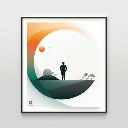 a poster with a silhouette of a man standing on a hillの素材