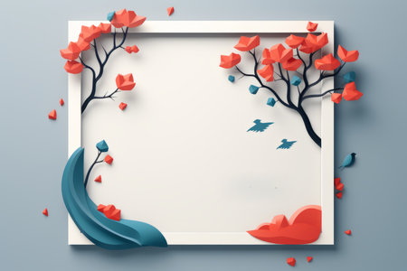 a paper art frame with red and blue flowers and birds on itの素材