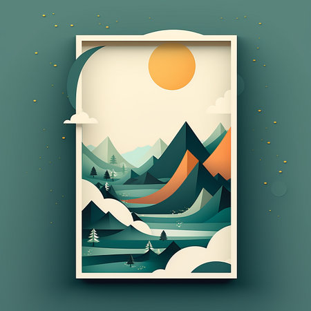 an illustration of a mountain landscape with a sun in the skyの素材