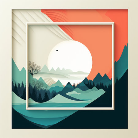 an illustration of a mountain landscape with a sun in the skyの素材