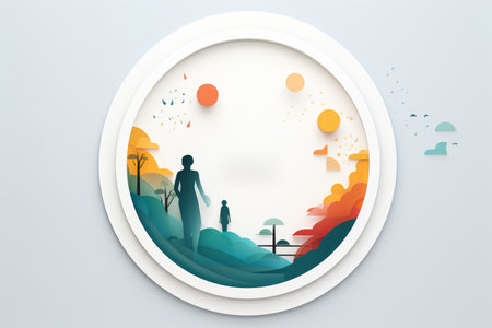 an abstract illustration of a man and a woman walking on the beachの素材