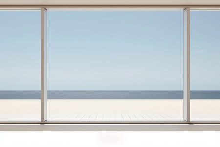 an empty room with a large window overlooking the oceanの素材