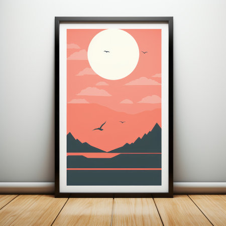 an art print of a sunset and mountains with birds flying over the waterの素材