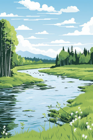 an illustration of a river in a field with trees and flowersの素材